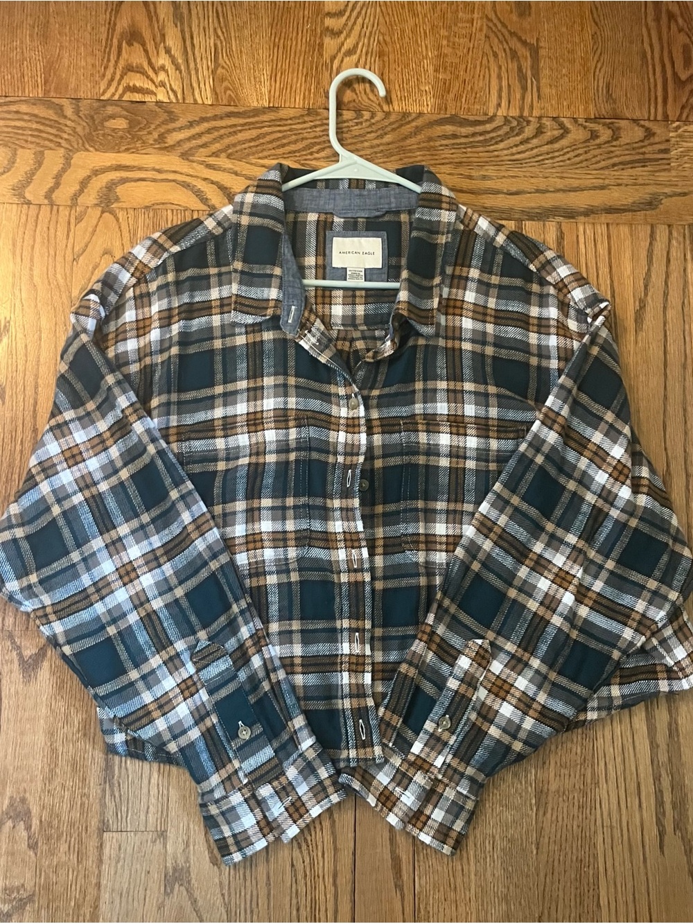 American Eagle Plaid Crop Button-Up Shirt in Teal & Brown